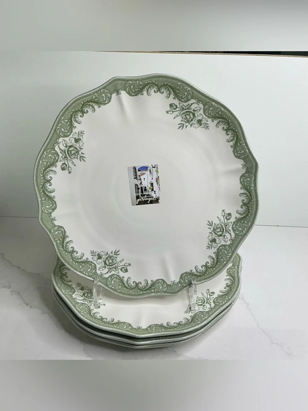 4 Matceramica Stoneware Dinner Plates Green Rose Scalloped 11” Portugal New